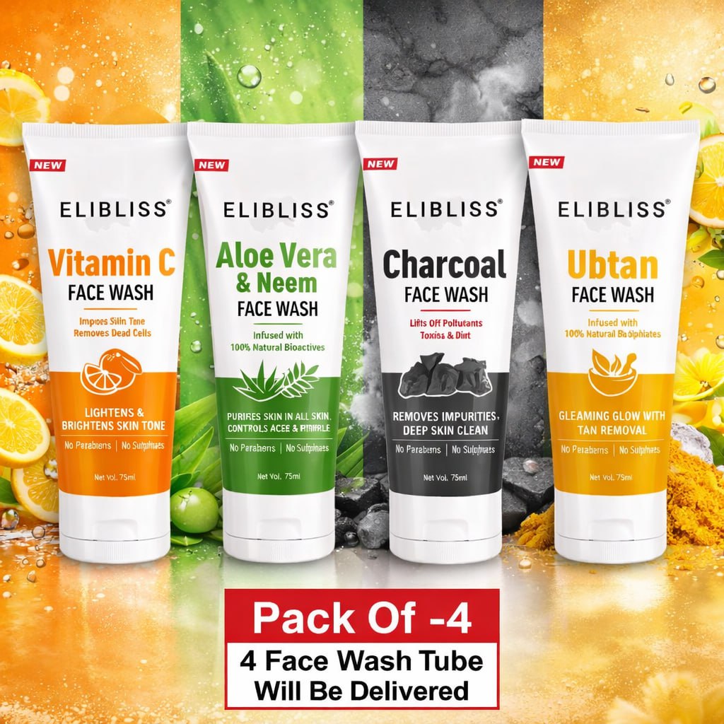 Elibliss Face Wash Combo for Glowing Skin – Vitamin C, Neem, Charcoal & Ubtan (75ml x 4)