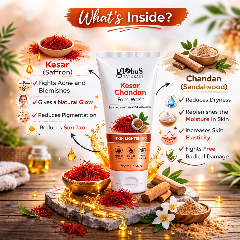 Globus Naturals Kesar Chandan Face Wash Combo of 3 – Tan Removal & Skin Brightening (75g Each)