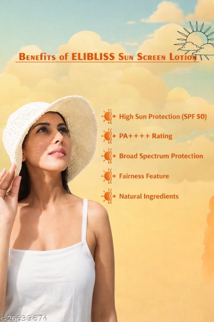 Elibliss SPF 50 Sunscreen Lotion with Cucumber & Lemongrass – Broad Spectrum Sun Protection for Summer, Lightweight & Non-Greasy (100ml)