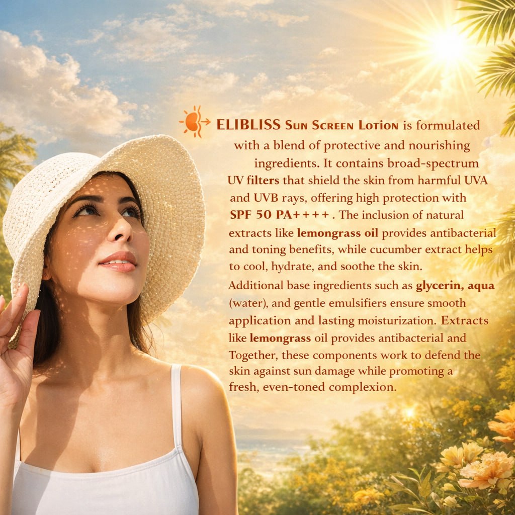 Elibliss SPF 50 Sunscreen Lotion with Cucumber & Lemongrass – Broad Spectrum Sun Protection for Summer, Lightweight & Non-Greasy (100ml)