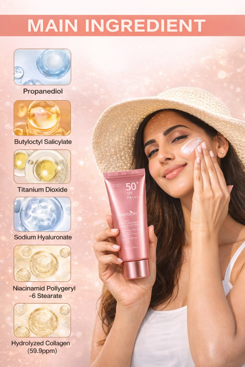 Sun Shield Collagen Cream SPF 50+ PA++++ – Daily Outdoor Sunscreen for Men & Women, Broad Spectrum UV Protection (80ml)