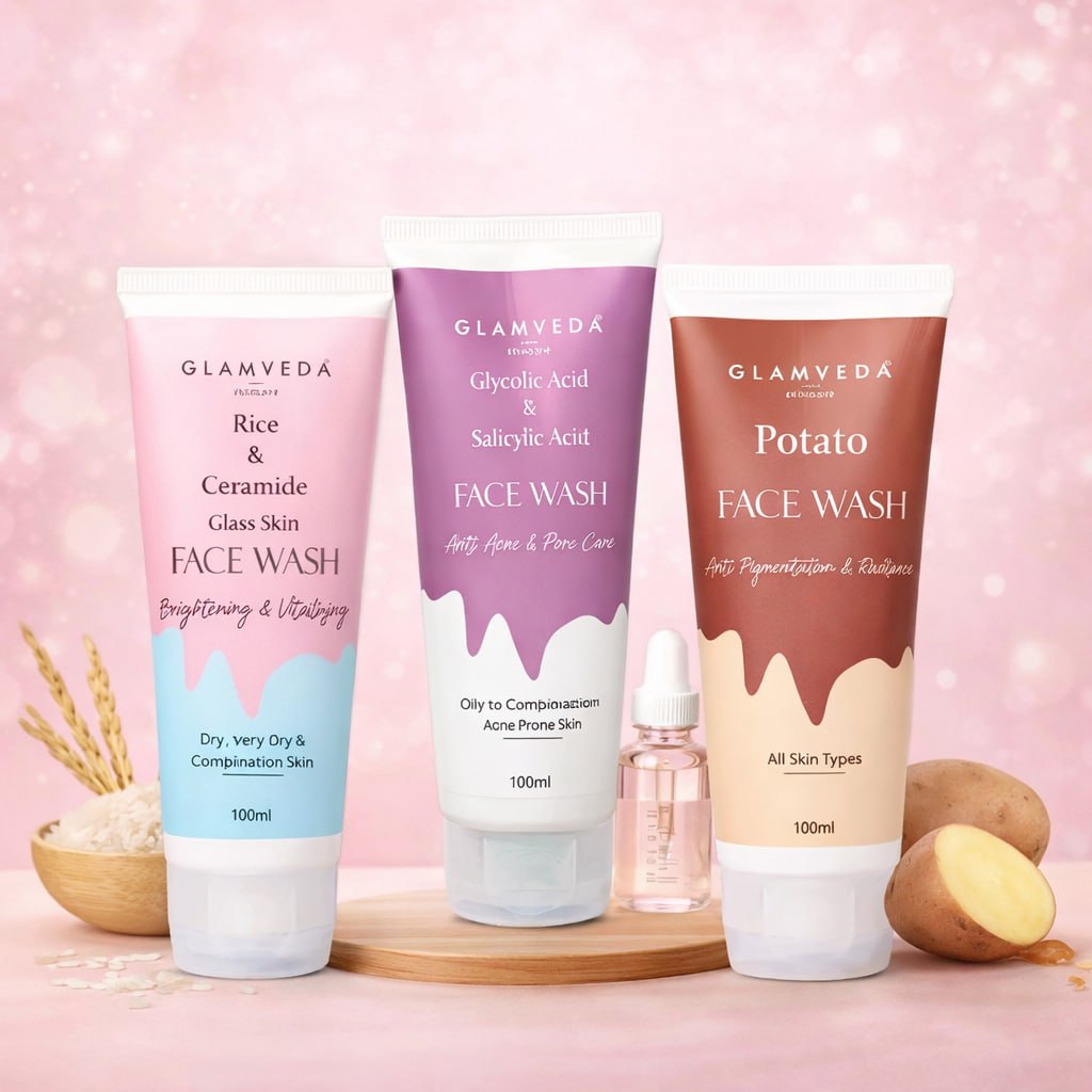Glamveda Face Wash Combo of 3 – Potato, Rice, Ceramide, Glycolic & Salicylic Acid for Acne Control & Skin Brightening