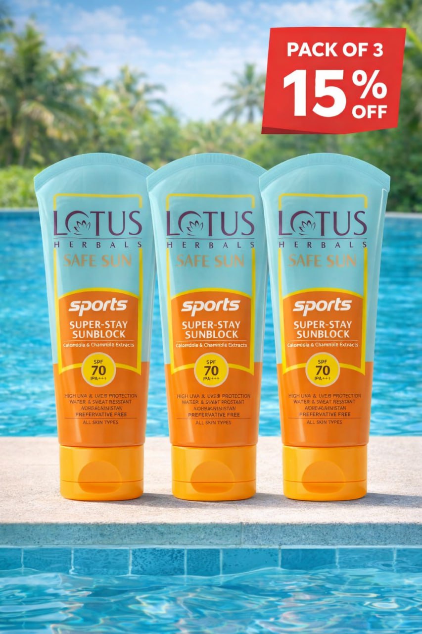 Lotus Herbals Safe Sun Sports Super-Stay Sunblock SPF 70 PA+++ | Calendula & Chamomile | Anti-Pollution Sunscreen | Preservative Free | 80g (Pack of 3)