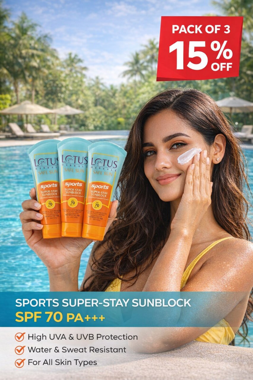 Lotus Herbals Safe Sun Sports Super-Stay Sunblock SPF 70 PA+++ | Calendula & Chamomile | Anti-Pollution Sunscreen | Preservative Free | 80g (Pack of 3)