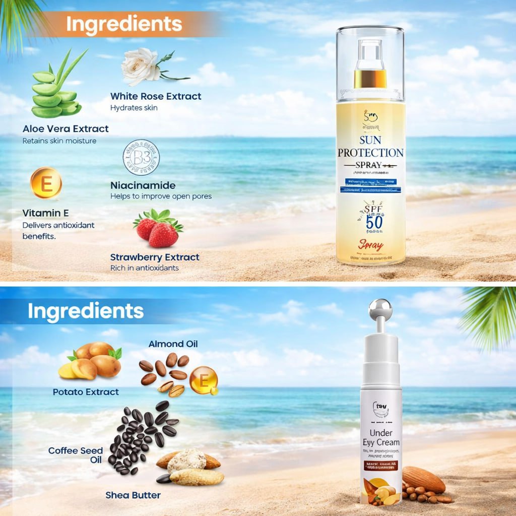 TNW – The Natural Wash Skincare Combo | Sun Protection SPF 50 Spray & Under Eye Cream | Protects Skin & Reduces Dark Circles | Suitable for All Skin Type