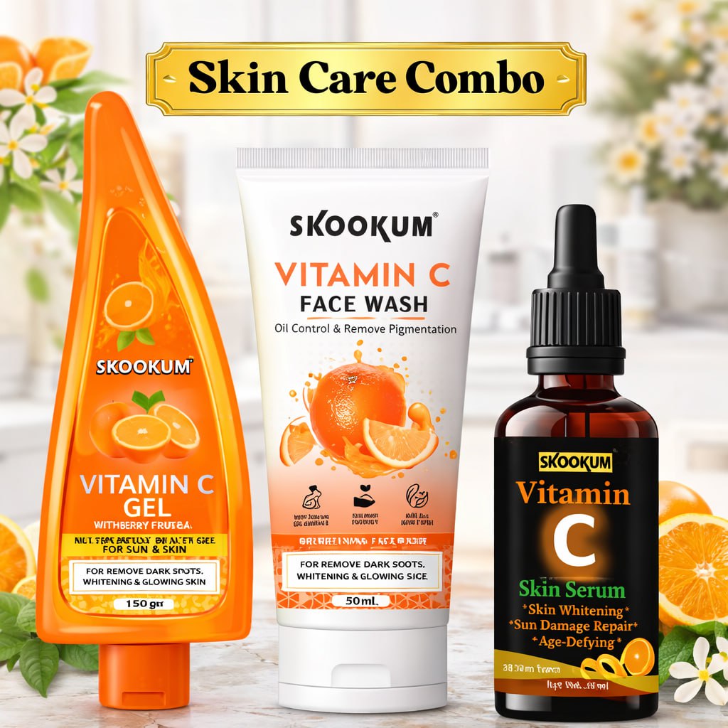 Skookum Vitamin C & E Skincare Combo | Face Wash, Face Gel & Face Serum | Brightening & Anti-Aging Skincare Set | Smooth & Glowing Skin