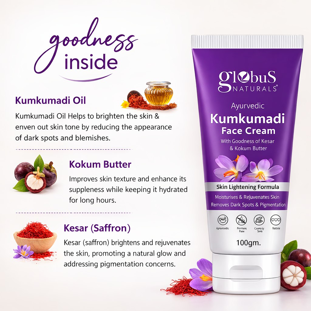 Globus Naturals Ayurvedic Kumkumadi Skin Lightening Face Cream | With Manjistha & Kokum Butter | Chemical Free & Cruelty Free | For All Skin Types | 100 g (Pack of 3)