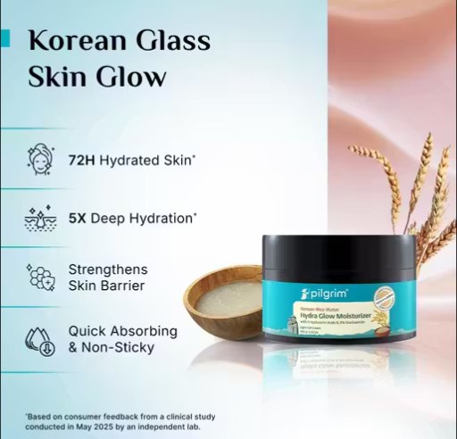 Pilgrim Korean Rice Water Hydra Glow Moisturizer 100gm with 5 Hyaluronic Acids, 3% Niacinamide, 5 Ceramides | 5x Hydration & Instant Glass Skin | Oil-Free, Lightweight Gel | For All Skin Types | For Women & Men (100gm)