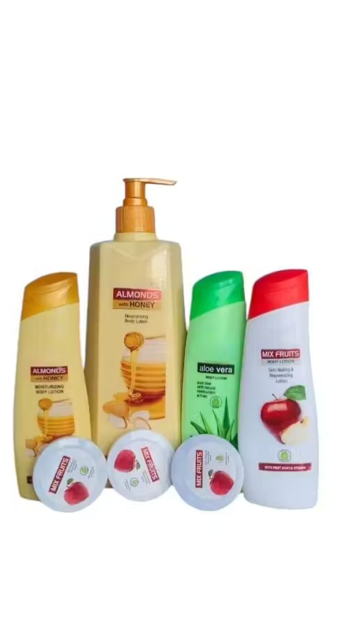 Body Care Combo Set | Almond Pump Lotion 500 ml + Aloe Vera Lotion 100 ml + Almond Lotion 100 ml + Mix Fruit Lotion 100 ml + Mix Fruit Cream 15 ml (Pack of 3)
