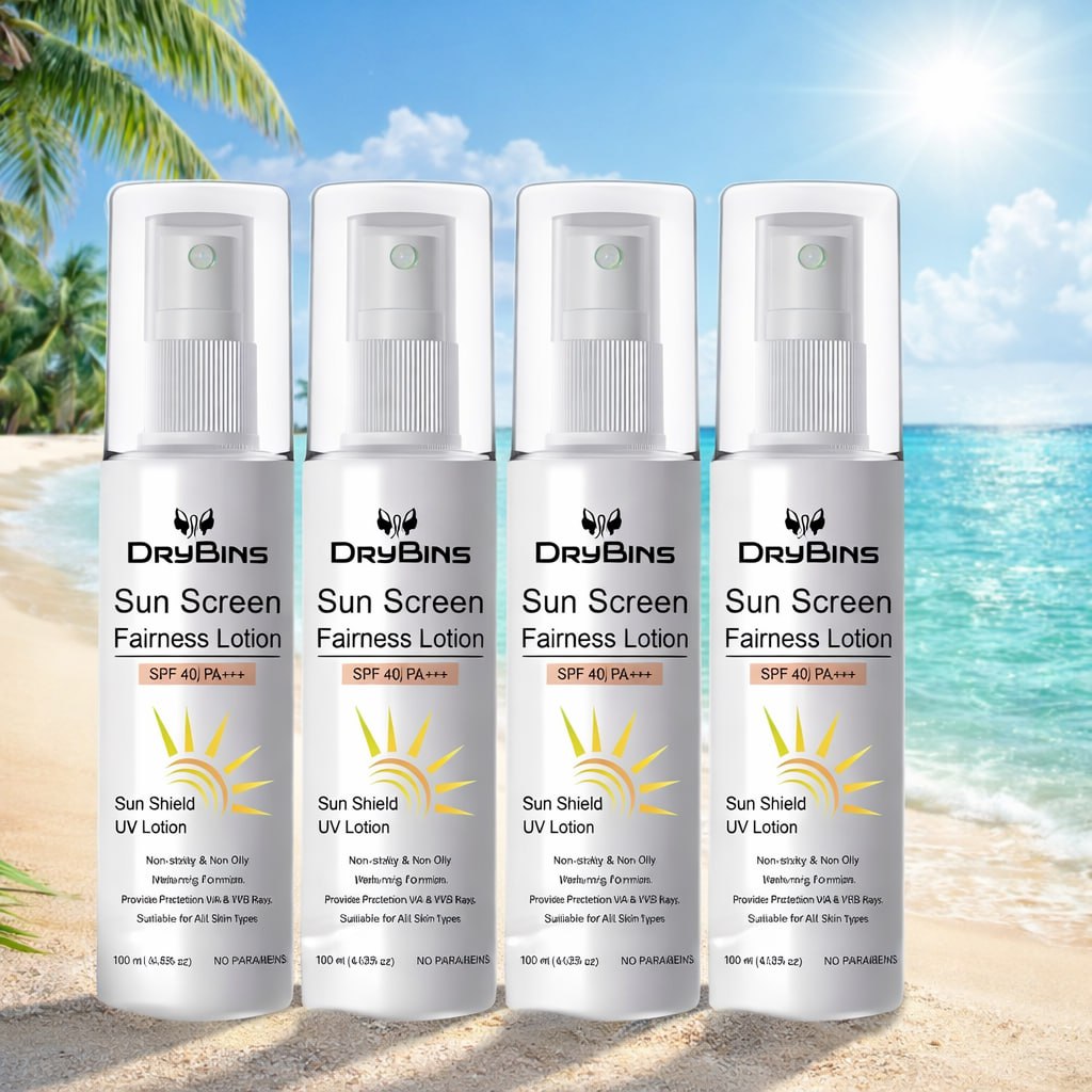 Drybins Sunscreen SPF 40+ PA+++ | Broad Spectrum UVA & UVB Protection | Non-Greasy Whitening Sunscreen | Tan Protection | 100 ml (Pack of 4)