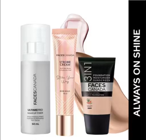FACES CANADA Always On Shine Makeup Combo | Hydra Matte Foundation Rose Ivory 011 (18 ml) + Strobe Cream Rose Gold (18 ml) + Ultime Pro Makeup Fixer (50 ml)