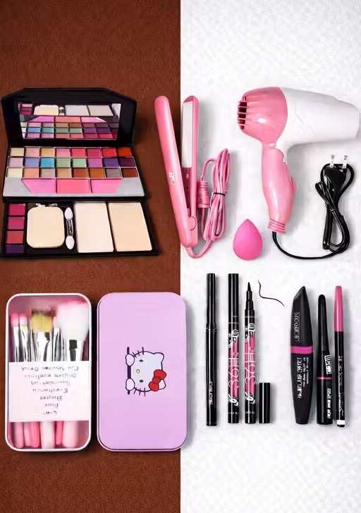 Premium Bridal Look Complete Makeup Kit | Full Face Makeup Combo Set with Eyeshadow Palette, Brushes, Hair Dryer, Straightener & Beauty Tools