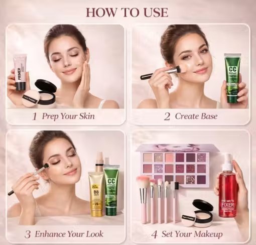 Premium Quality Face Makeup Combo Pack | 12 Pieces Complete Makeup Kit with Eyeshadow, Foundation, Lipsticks & Beauty Tools