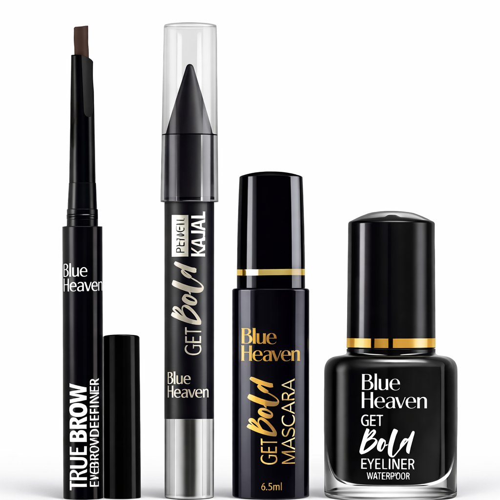 Blue Heaven Get Bold Eye Makeup Combo | Eyeliner (7 ml) + Mascara (6.5 ml) + Kajal Pencil (3.2 g) + True Brow Eyebrow Enhancer Dark Grey (0.3 g) | Set of 4