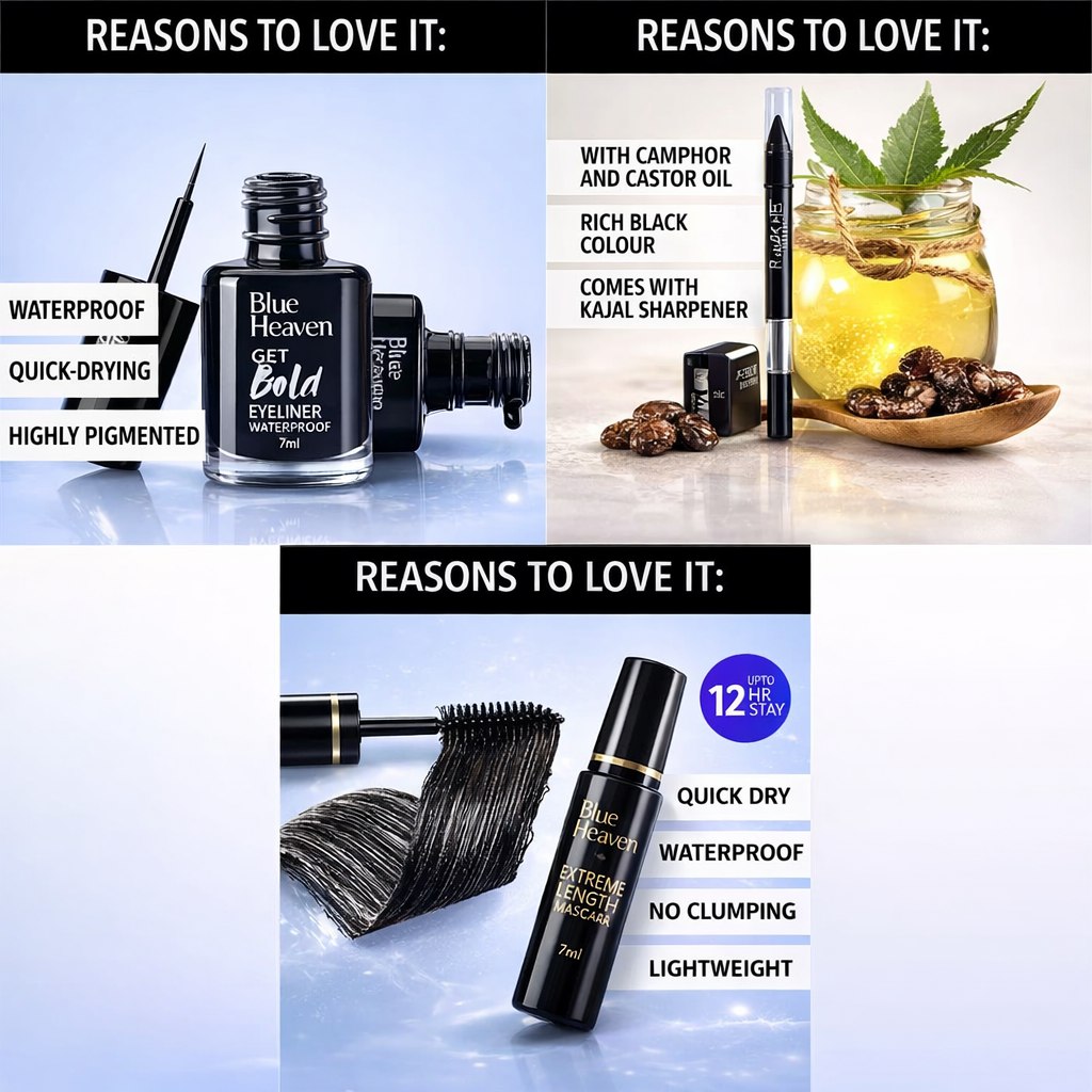 Blue Heaven Get Bold Eye Makeup Combo | Eyeliner (7 ml) + Mascara (6.5 ml) + Kajal Pencil (3.2 g) + True Brow Eyebrow Enhancer Dark Grey (0.3 g) | Set of 4