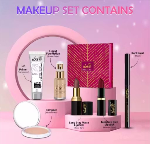 Iba Makeup Gift Set for Women (Dusky) | Foundation, Compact, Primer, Lipsticks & Kajal | Full Coverage Long-Lasting Makeup Kit | 100% Vegan & Cruelty Free | 6 Items