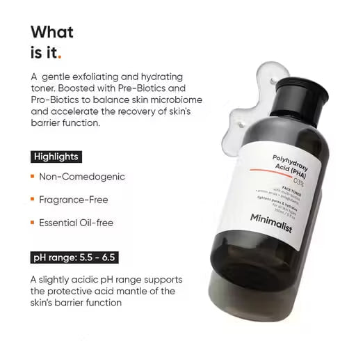 Minimalist 3% PHA Face Toner | Hydrating & Pore Tightening Toner | Mild-Exfoliating, Alcohol-Free Toner for Glowing Skin | 150ml