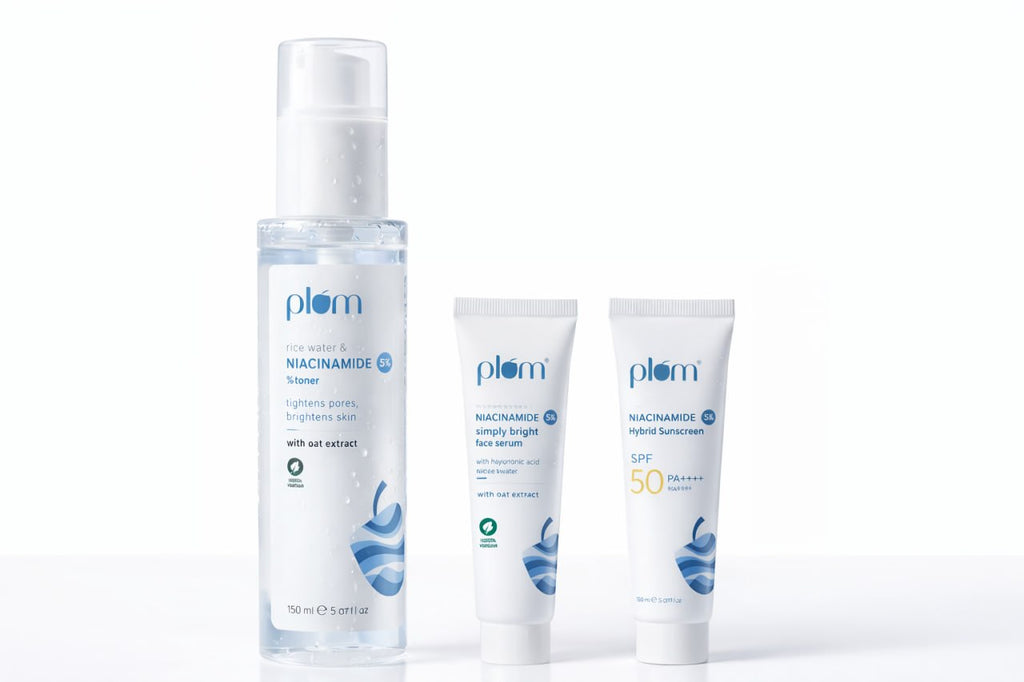Combo of Plum 3% Niacinamide & Rice Water Alcohol-Free Toner Duo + Niacinamide Facewash | Hydrating & Brightening Skincare Combo | For Men & Women | 315 ml