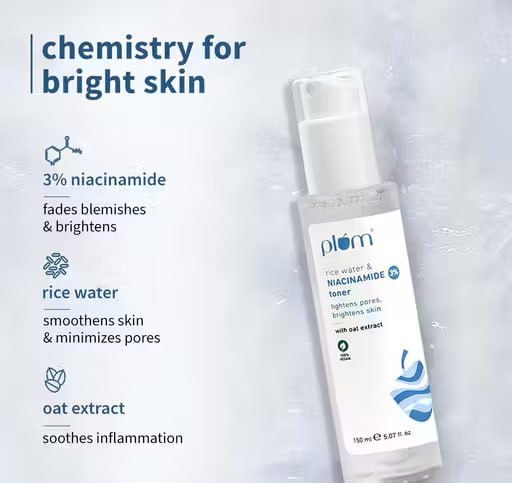 Combo of Plum 3% Niacinamide & Rice Water Alcohol-Free Toner Duo + Niacinamide Facewash | Hydrating & Brightening Skincare Combo | For Men & Women | 315 ml