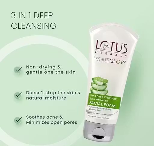 Lotus Herbals WhiteGlow 3-in-1 Deep Cleansing Facial Foam | Brightening Face Wash for Clear & Fresh Skin | 50 g (Pack of 2)