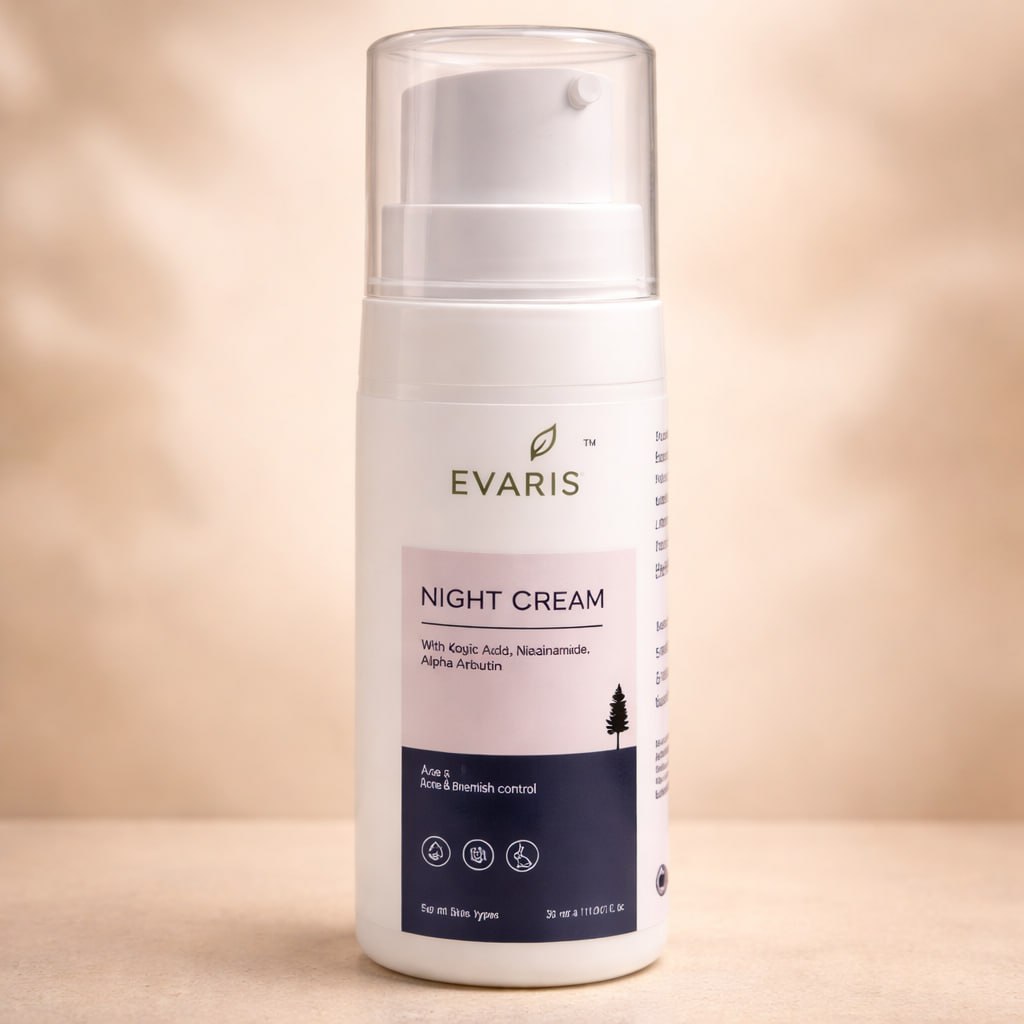 Evaris Night Cream with Kojic Acid, Niacinamide & Alpha Arbutin | Acne & Blemish Care | Hydrating & Skin Brightening Night Cream | For All Skin Types | 30 ml