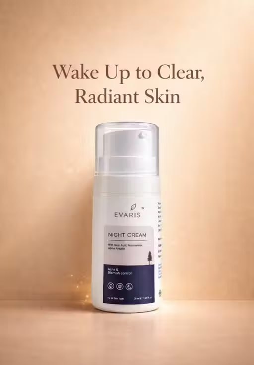 Evaris Night Cream with Kojic Acid, Niacinamide & Alpha Arbutin | Acne & Blemish Care | Hydrating & Skin Brightening Night Cream | For All Skin Types | 30 ml