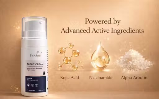 Evaris Night Cream with Kojic Acid, Niacinamide & Alpha Arbutin | Acne & Blemish Care | Hydrating & Skin Brightening Night Cream | For All Skin Types | 30 ml