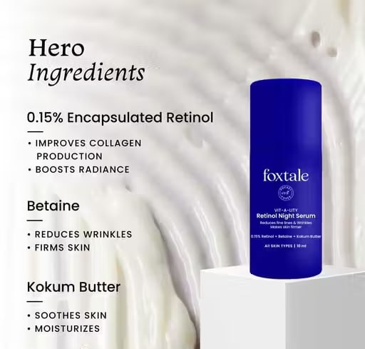 Foxtale 0.15% Beginner Friendly Retinol Night Serum | Anti-Aging Night Cream | Reduces Fine Lines & Wrinkles | For Men & Women | All Skin Types | 10 ml