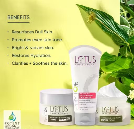Lotus Professional PhytoRx Brightening Skincare Combo | Day Cream 50 g + Night Cream 50 g + Free Face Wash 80 g | Complete Skin Care Set | 180 g