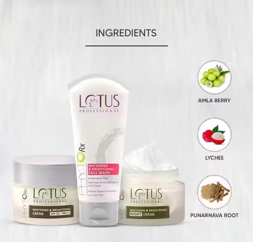Lotus Professional PhytoRx Brightening Skincare Combo | Day Cream 50 g + Night Cream 50 g + Free Face Wash 80 g | Complete Skin Care Set | 180 g