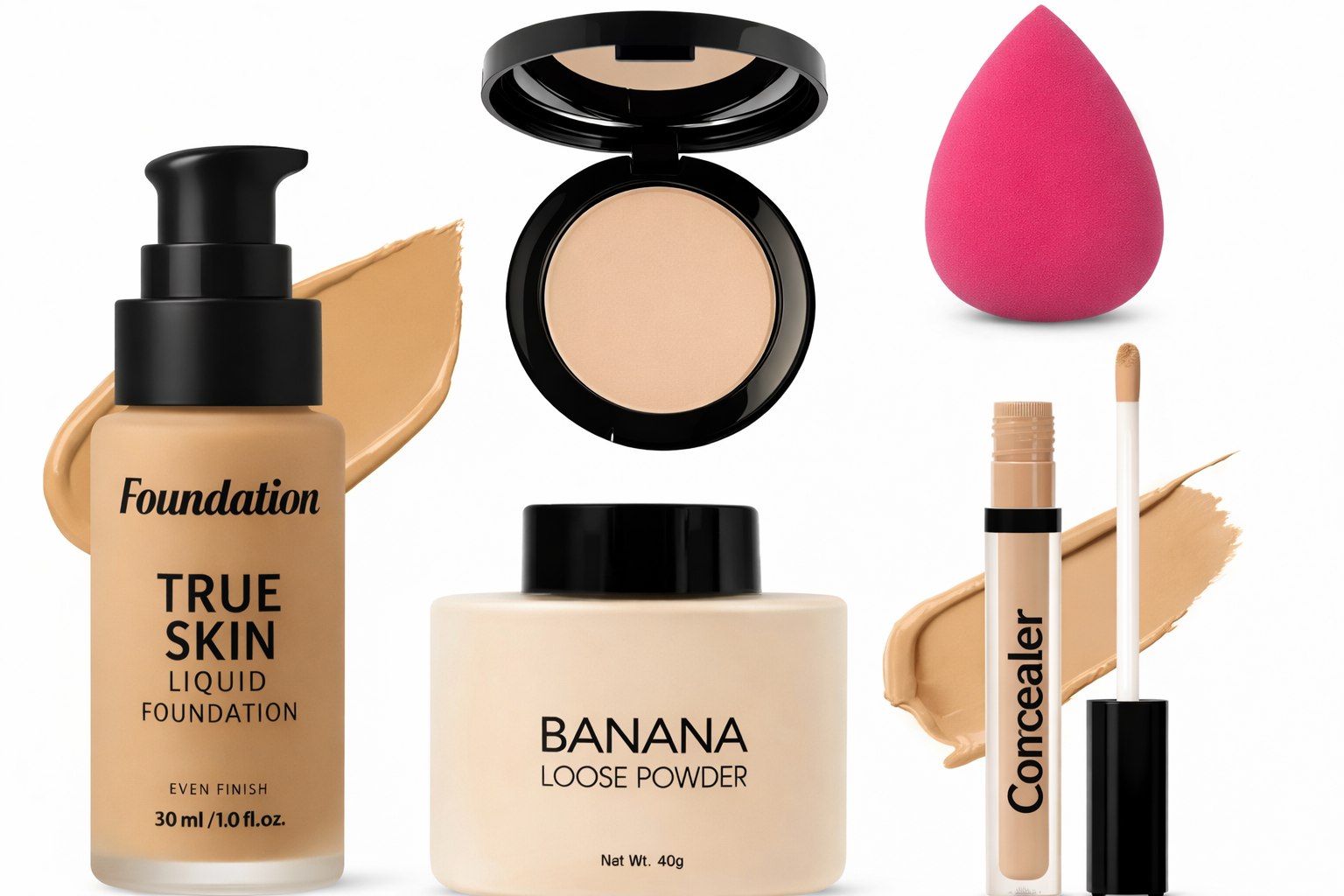 5-in-1 Makeup Combo Kit – Foundation, Compact Powder, Banana Loose Powder, Concealer & Beauty Blender