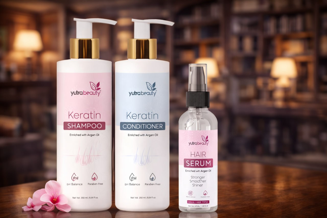 Yutra beauty Sulphate Free Keratin Shampoo and Conditioner Combo with Hair Serum Set | Keratin Protein Shampoo (250ml), Conditioner (250ml) & Serum (50ml) | No Sulphate, Parabens & Silicones | Set Of 3