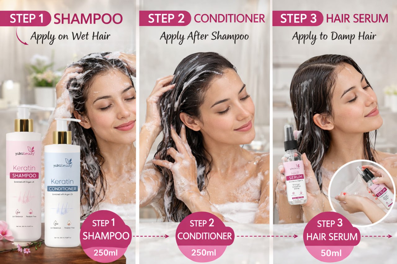 Yutra beauty Sulphate Free Keratin Shampoo and Conditioner Combo with Hair Serum Set | Keratin Protein Shampoo (250ml), Conditioner (250ml) & Serum (50ml) | No Sulphate, Parabens & Silicones | Set Of 3