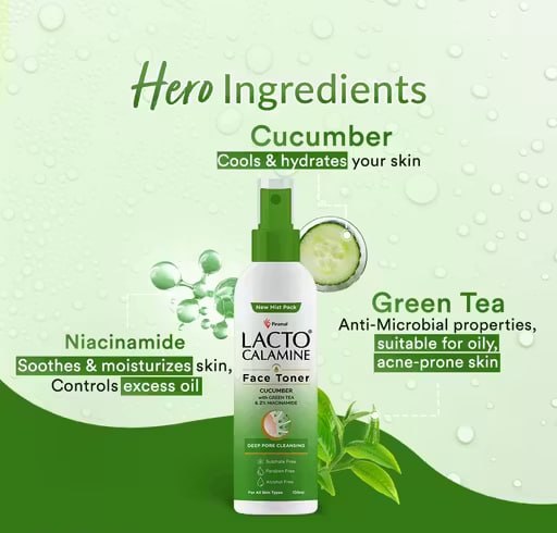 Lacto Calamine Face Toner with Cucumber | Deep Pore Cleansing & Pore Tightening Toner | With Green Tea & 2% Niacinamide | 120 ml Each (Pack of 2)