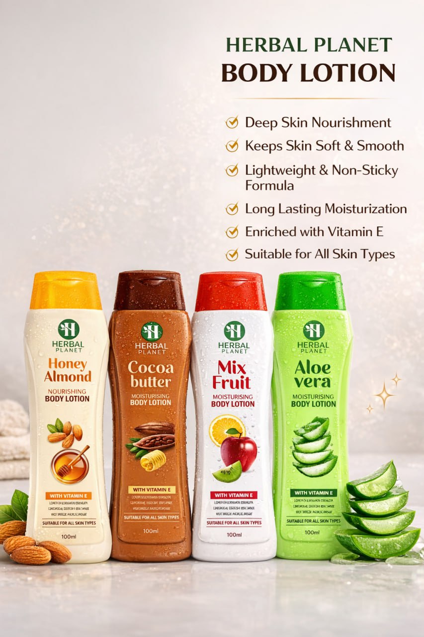Herbal Planet Moisturising Body Lotion Set of 4 (100ml Each) | Honey Almond, Cocoa Butter, Mix Fruit & Aloe Vera | Hydrating & Nourishing Body Lotion for Soft Skin
