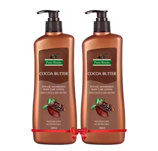Pure Roots Cocoa Butter Care Body Lotion Pack of 2 (300ml Each) | Deep Moisturizing Non-Sticky Lotion | Fast Absorbing Body Lotion for Dry & All Skin Types