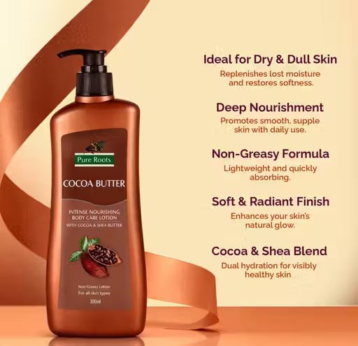 Pure Roots Cocoa Butter Care Body Lotion Pack of 2 (300ml Each) | Deep Moisturizing Non-Sticky Lotion | Fast Absorbing Body Lotion for Dry & All Skin Types