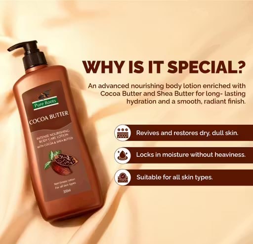 Pure Roots Cocoa Butter Care Body Lotion Pack of 2 (300ml Each) | Deep Moisturizing Non-Sticky Lotion | Fast Absorbing Body Lotion for Dry & All Skin Types