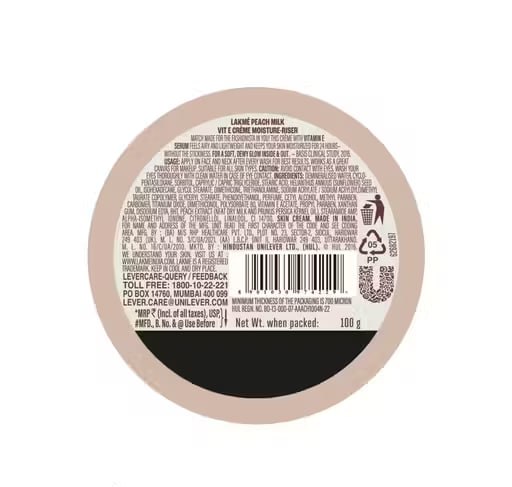 Lakmé Peach Milk Vitamin E Creme Moisturiser 100g | Lightweight Nourishing Face Cream | Hydrating Moisturizer for Soft & Glowing Skin
