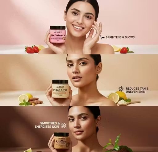 AVBEES Face & Body Scrub Combo Pack (3 x 100g) – Coffee, Strawberry & DeTan | Buy 2 Get 1 Free | Tan Removal, Deep Cleansing & Glow Boost Exfoliating Scrub