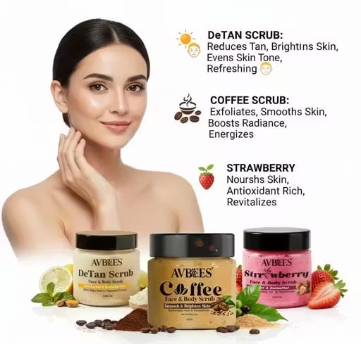 AVBEES Face & Body Scrub Combo Pack (3 x 100g) – Coffee, Strawberry & DeTan | Buy 2 Get 1 Free | Tan Removal, Deep Cleansing & Glow Boost Exfoliating Scrub