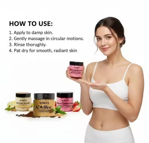 AVBEES Face & Body Scrub Combo Pack (3 x 100g) – Coffee, Strawberry & DeTan | Buy 2 Get 1 Free | Tan Removal, Deep Cleansing & Glow Boost Exfoliating Scrub