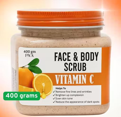 Natural Vitamin C Face & Body Scrub 400g | Brightening & Exfoliating Scrub for Glowing Skin | Deep Cleansing Scrub for Men & Women | Suitable for All Skin Types