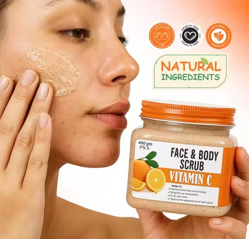Natural Vitamin C Face & Body Scrub 400g | Brightening & Exfoliating Scrub for Glowing Skin | Deep Cleansing Scrub for Men & Women | Suitable for All Skin Types