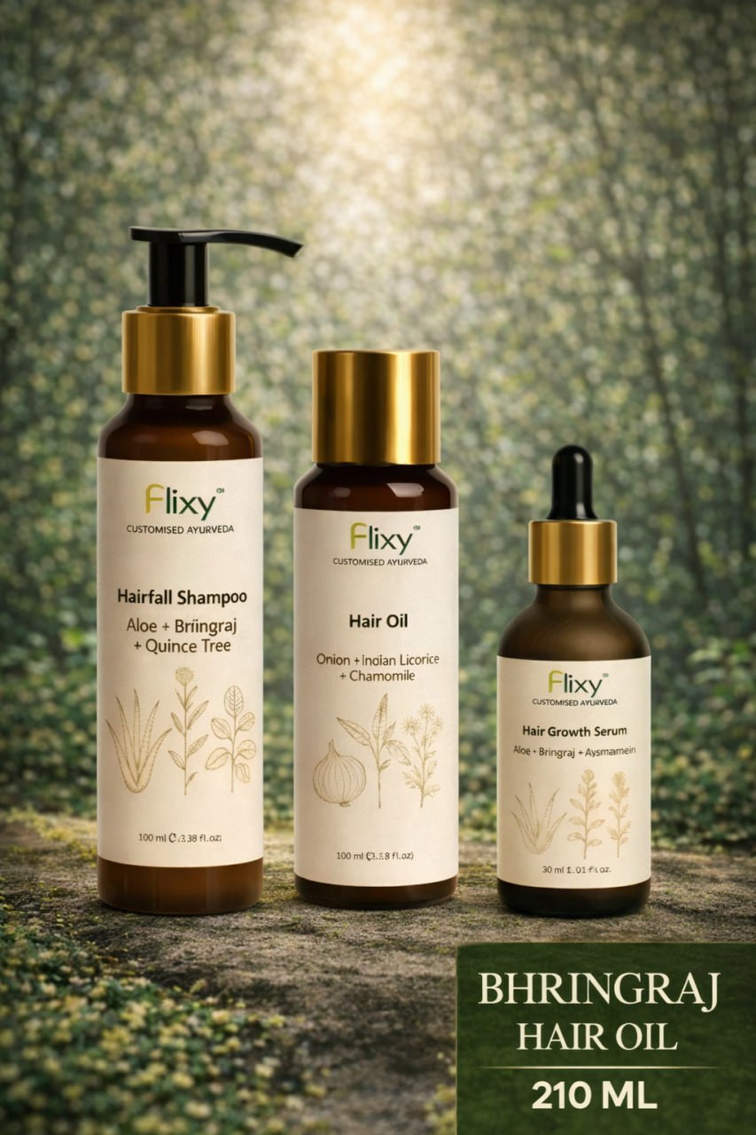 Flixy Ayurvedic Hair Growth Combo – Hairfall Shampoo, Bhringraj Hair Oil & Hair Growth Serum | Complete Hair Care Set