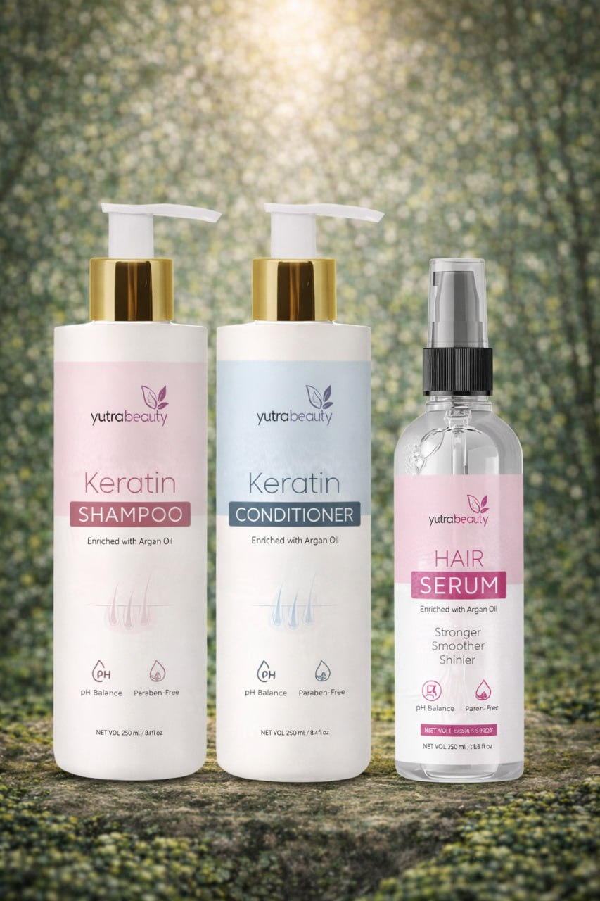 Yutra Beauty Keratin Hair Repair Combo – Sulphate Free Shampoo, Conditioner & Hair Serum | Smooth, Strong & Frizz-Free Hair | Set of 3