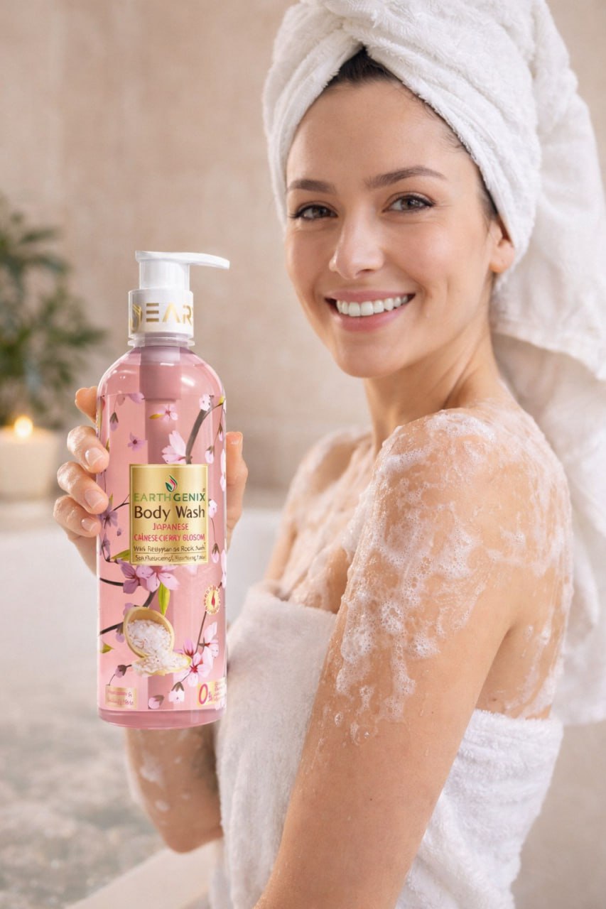 Earthgenix Japanese Cherry Blossom & Pink Rock Salt Body Wash – Anti-Acne & Radiant Skin | For Men & Women | 300ml