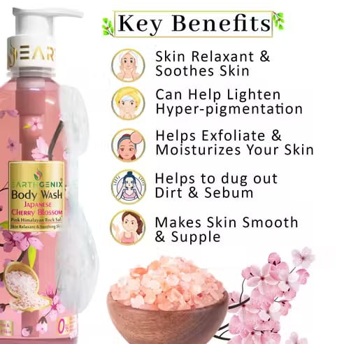 Earthgenix Japanese Cherry Blossom & Pink Rock Salt Body Wash – Anti-Acne & Radiant Skin | For Men & Women | 300ml