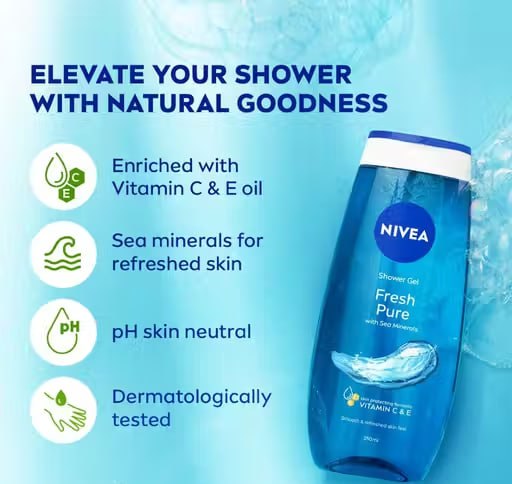 NIVEA Fresh Pure Shower Gel – Refreshing Aquatic Scent Body Wash | Deep Cleansing & Fresh Skin | 250ml