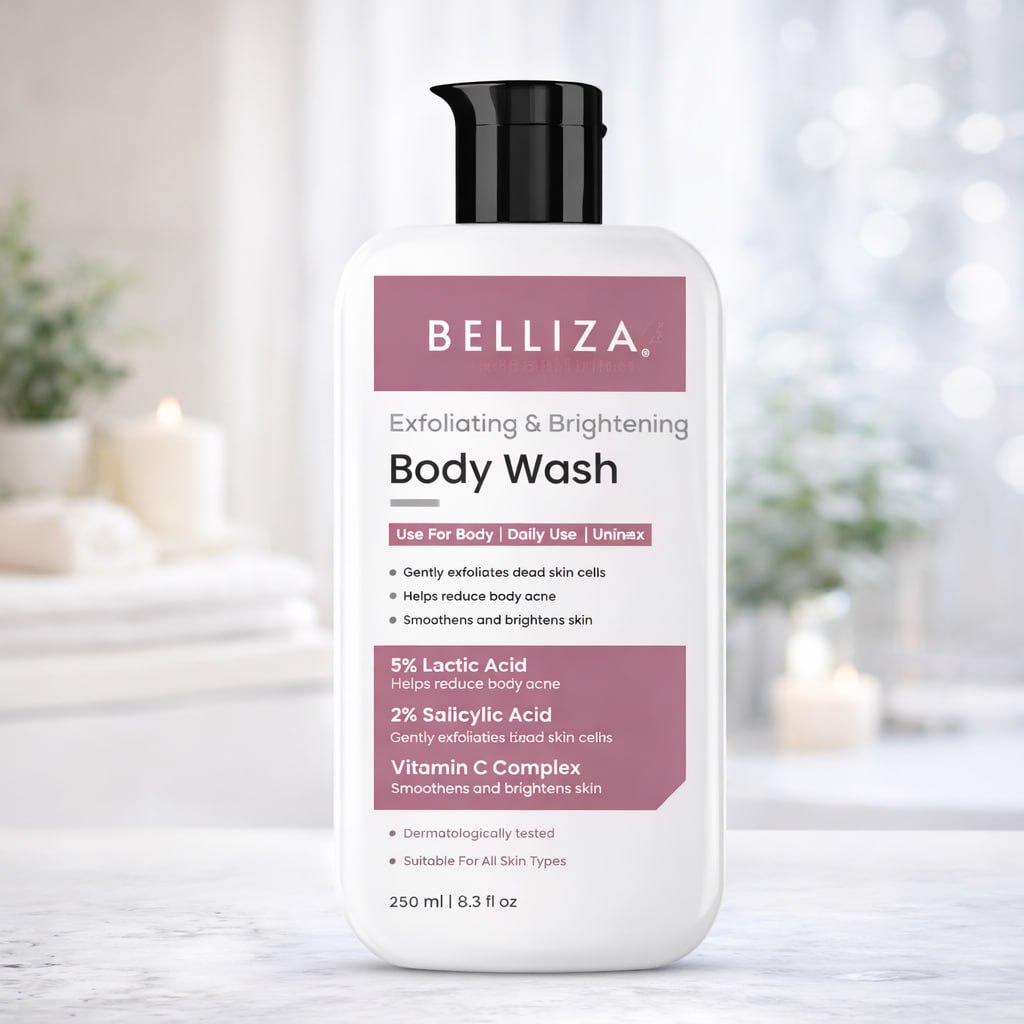 Belliza Exfoliating & Brightening Body Wash – 5% Lactic Acid + 2% Salicylic Acid + Vitamin C | Smooth & Clear Skin | 250ml